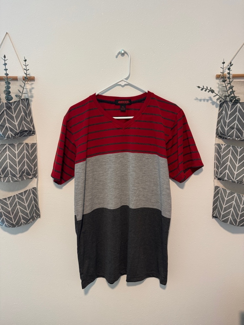 mecca Red, Gray & Black Striped V-Neck Short Sleeve Shirt